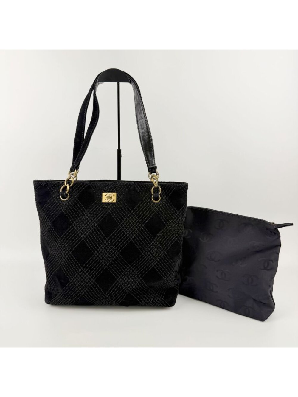 Chanel CC Logo Quilted Tote Shoulder Bag Suede Black Gold Vintage